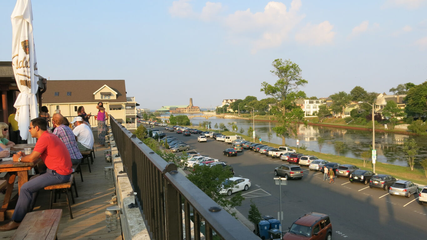 Rooftop view of Asbury Biergarten overseeeing river